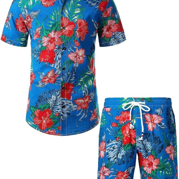Men's Flower Casual Button Down Short Sleeve Hawaiian Shirt Suits - Picture 2 of 7